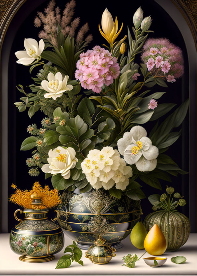 Classic vase with flowers, decorative pots, and ripe pear on dark background