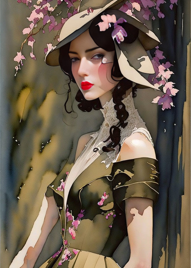 Vintage Woman in Wide-Brimmed Hat Beside Cherry Blossoms