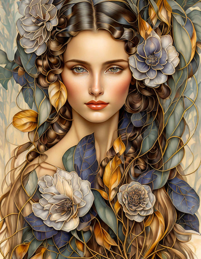 Fantasy portrait of woman with long wavy hair and floral elements in blue and brown