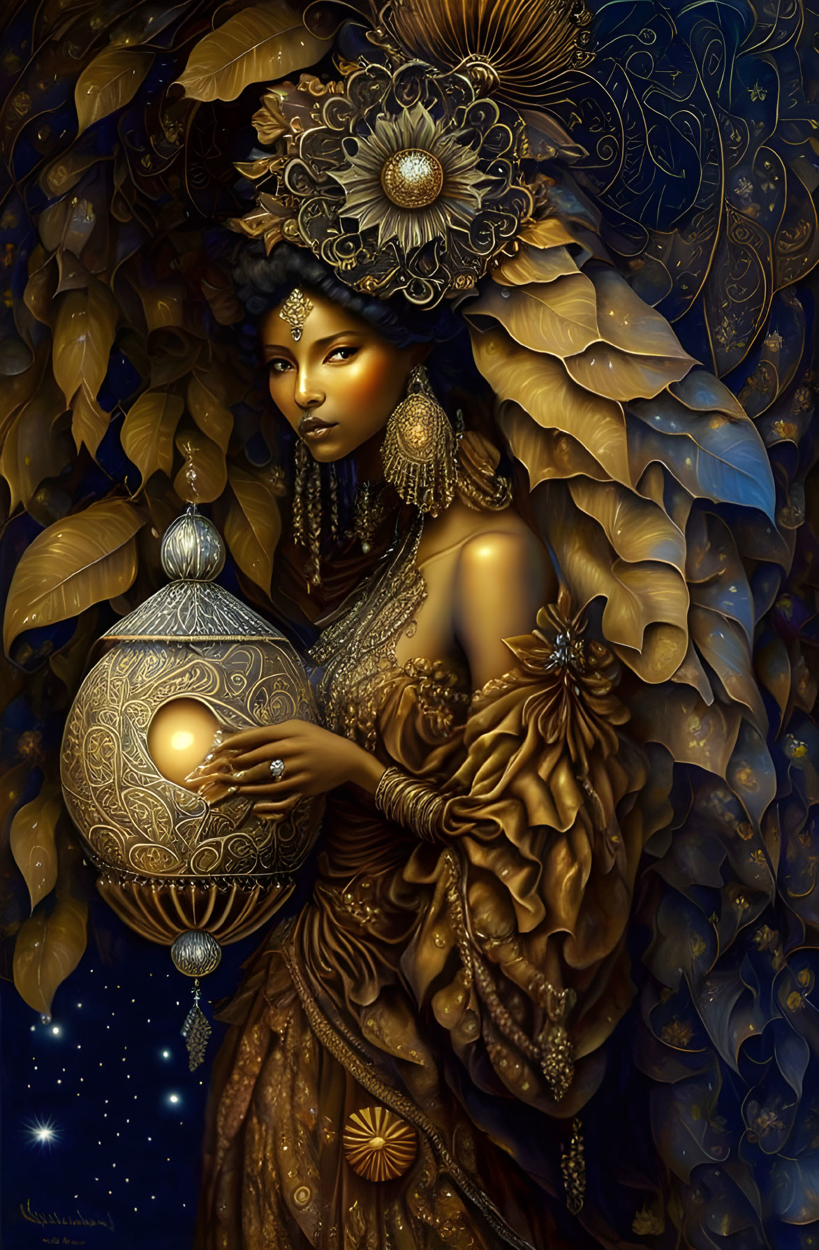 Woman in ornate golden attire holding celestial sphere amidst stars and leafy motifs