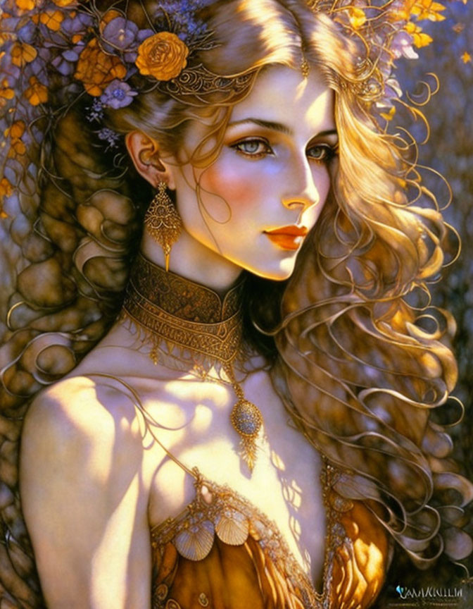 Illustrated portrait of woman with long, curly hair, floral hair accessories, choker, and jew