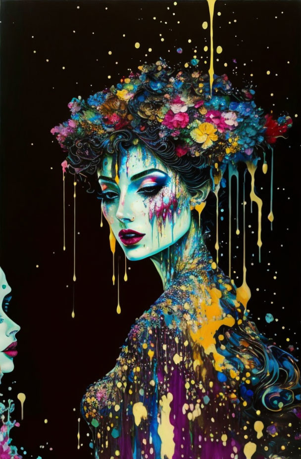 Colorful Floral Headdress Woman Artwork with Dripping Paint on Black Background