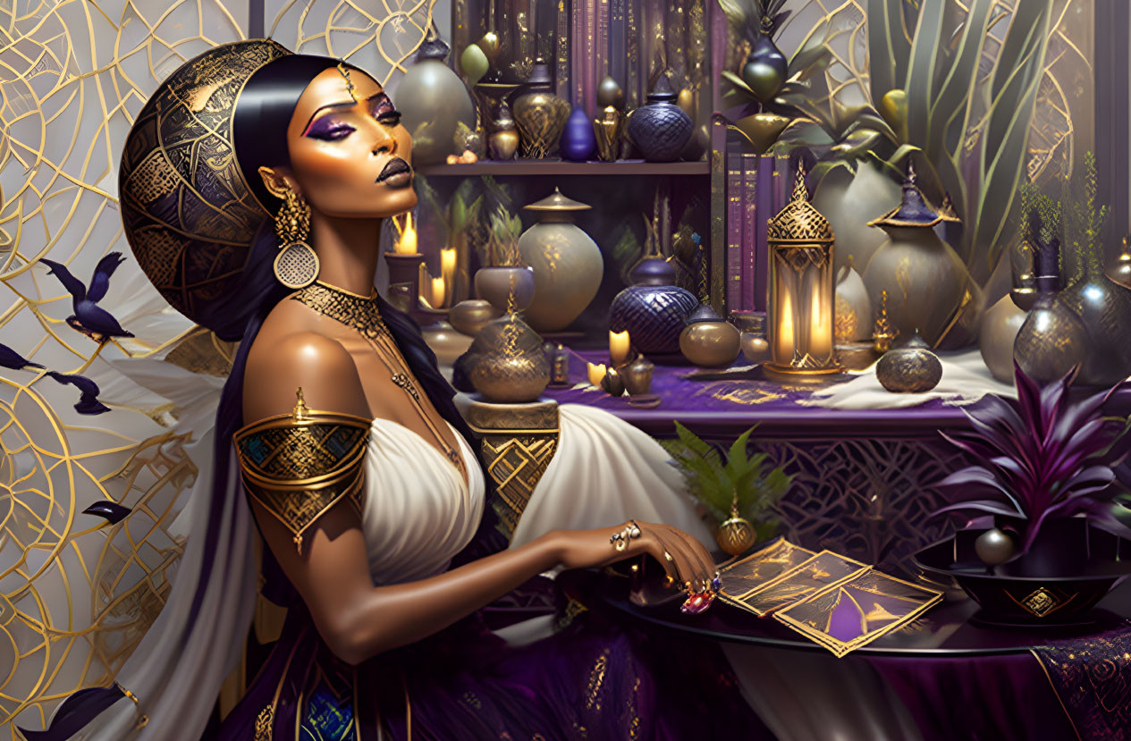 Majestic woman with golden headpiece in opulent setting surrounded by candles and mystical items