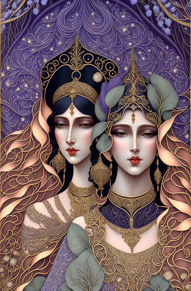 Stylized female figures with flowing hair and ornate headdresses on purple background