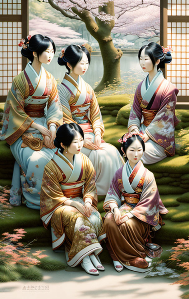 Four women in traditional Japanese kimonos by serene lakeside with cherry blossoms and bridge.