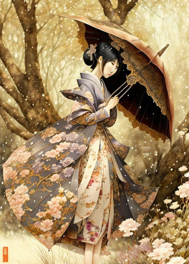 Traditional attire woman with umbrella in golden tree setting