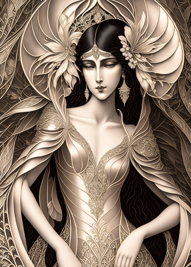 Detailed Woman Illustration with Ornate Motifs in Sepia Tone