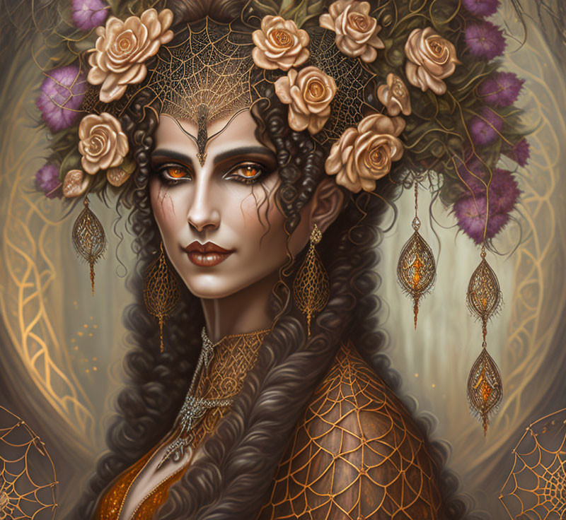 Digital artwork: Woman with stylized makeup, roses, gold jewelry, cobweb motifs on floral background