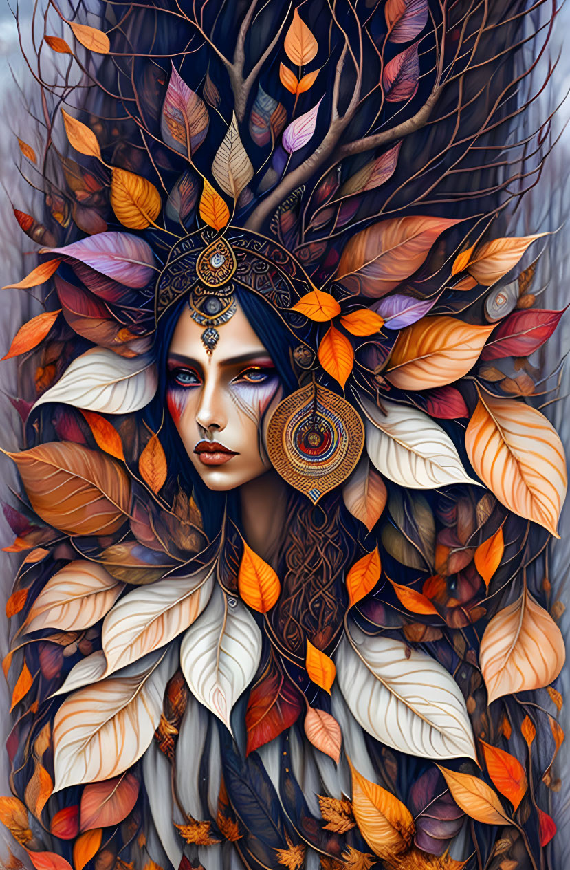 Detailed Illustration: Person in Autumn Leaf Attire & Jewelry, Surrounded by Colorful Leaves