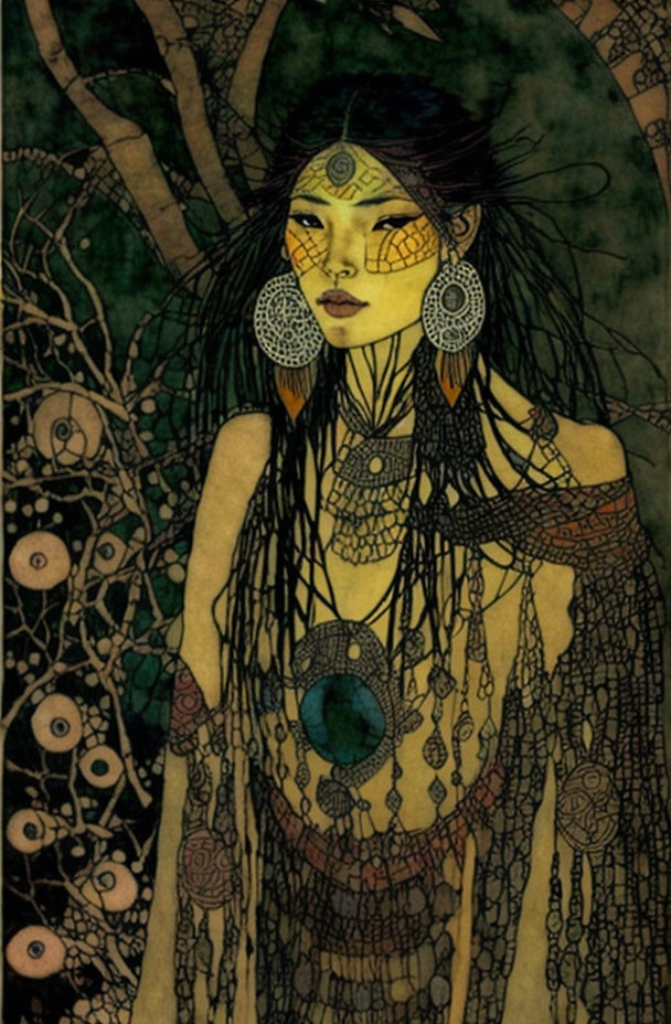 Illustrated woman with tribal makeup and jewelry in eerie forest setting