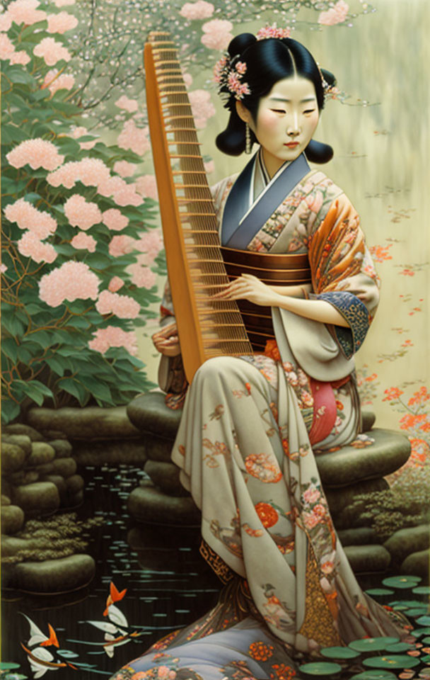 Japanese Geisha with Koto by Pond and Koi Fish