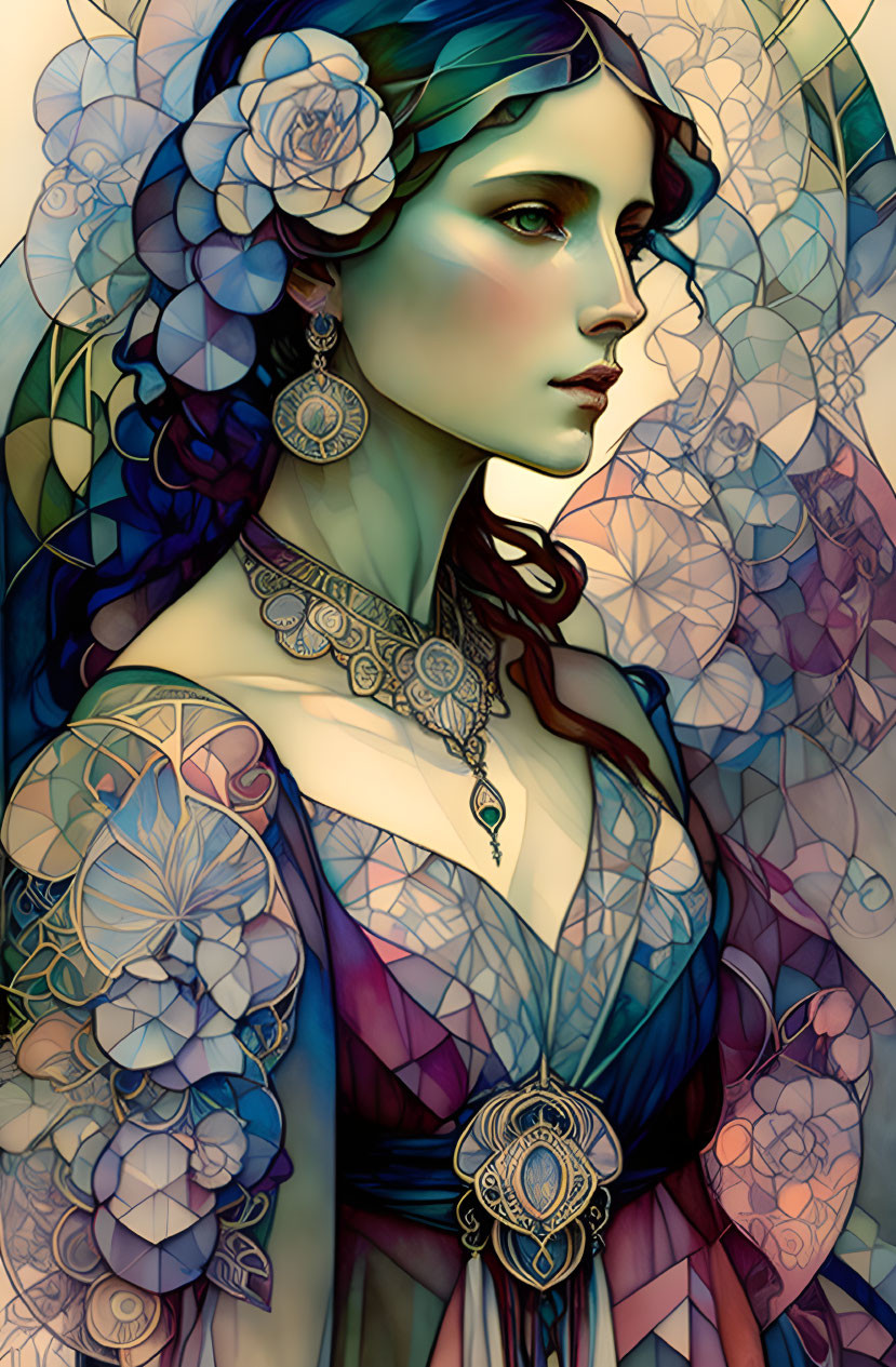 Colorful Stained Glass Background Woman Portrait with Tattoos & Jewelry