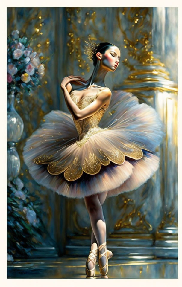 Graceful ballerina in gold tutu and pointe shoes in ornate room