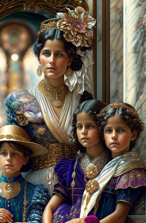 Victorian-themed painting of woman and children in elegant attire