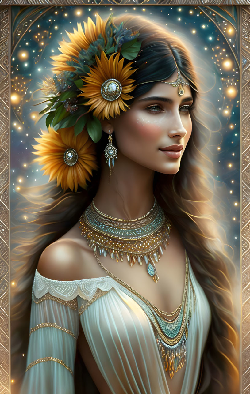 Portrait of woman with sunflowers, gold jewelry, and starry backdrop.