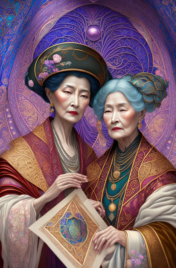 Two women in ornate traditional Asian attire with intricate jewelry against a detailed purple backdrop.