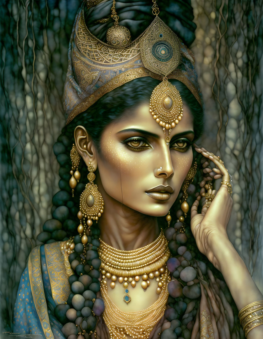 Detailed portrait of a woman in traditional attire and jewelry against dark background