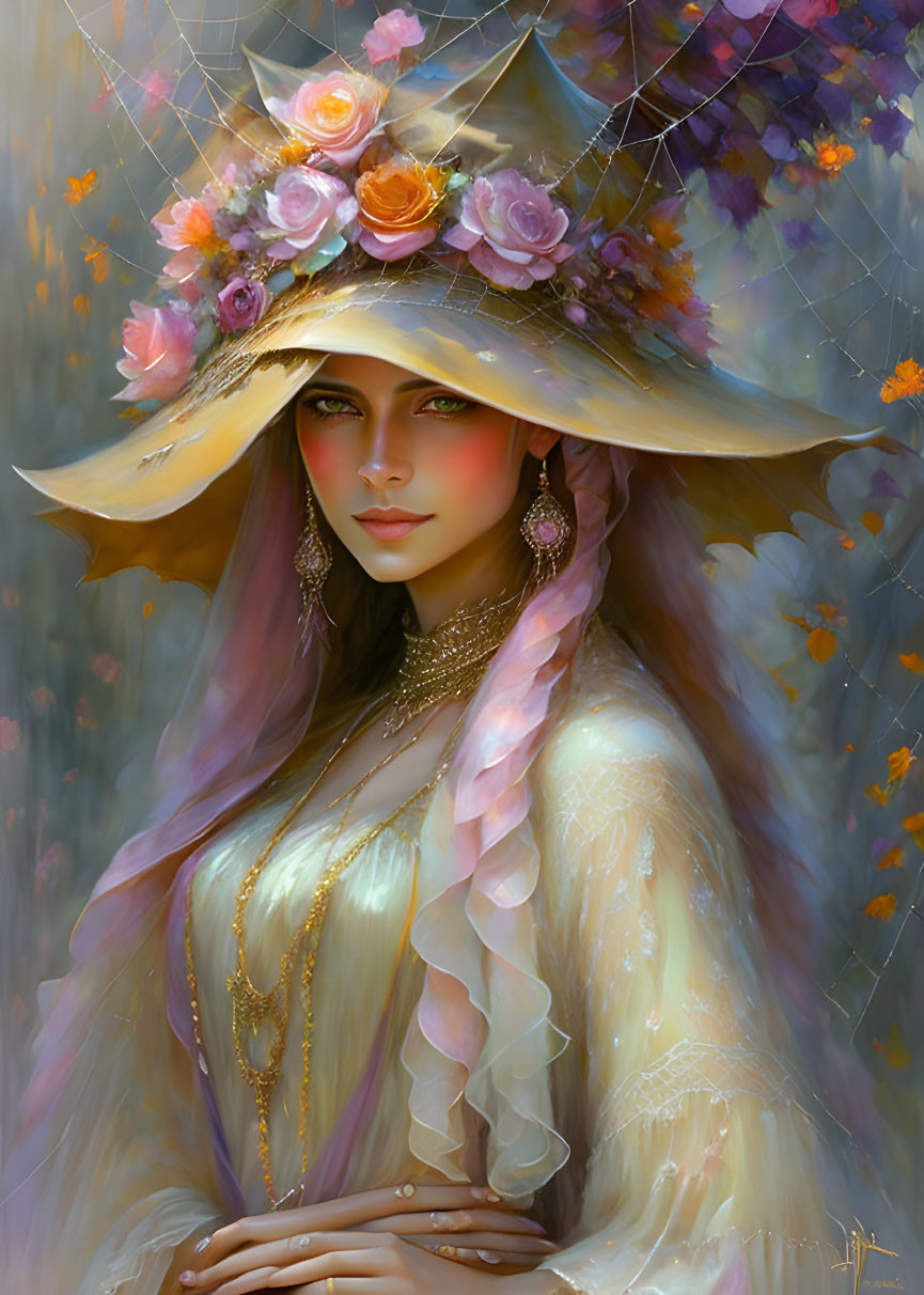 Ethereal beauty of a woman in floral hat, golden jewelry, and flowing gown in autumnal