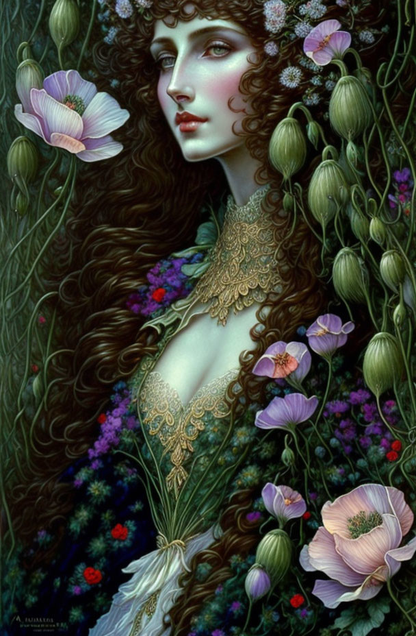 Stylized portrait of woman with dark hair, flowers, foliage, and gold necklace