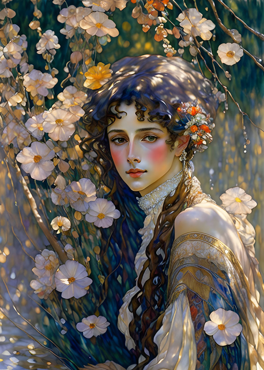 Woman with braided hair and flowers in serene setting