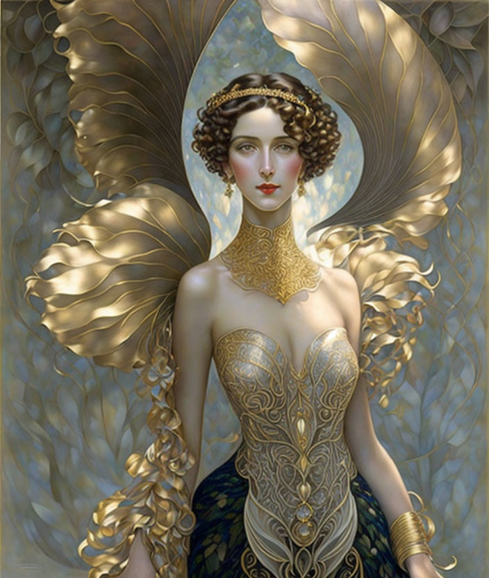 Art Nouveau style illustration of a woman with golden wings and intricate jewelry