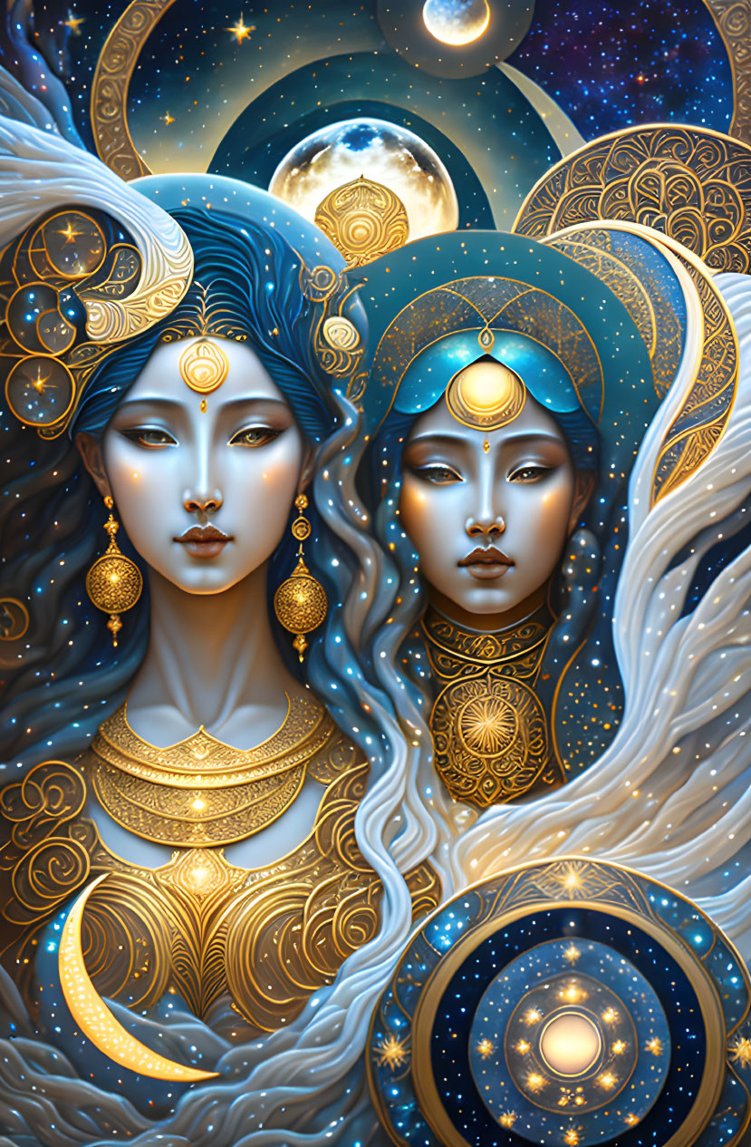 Stylized ethereal women with blue skin and golden jewelry in celestial setting