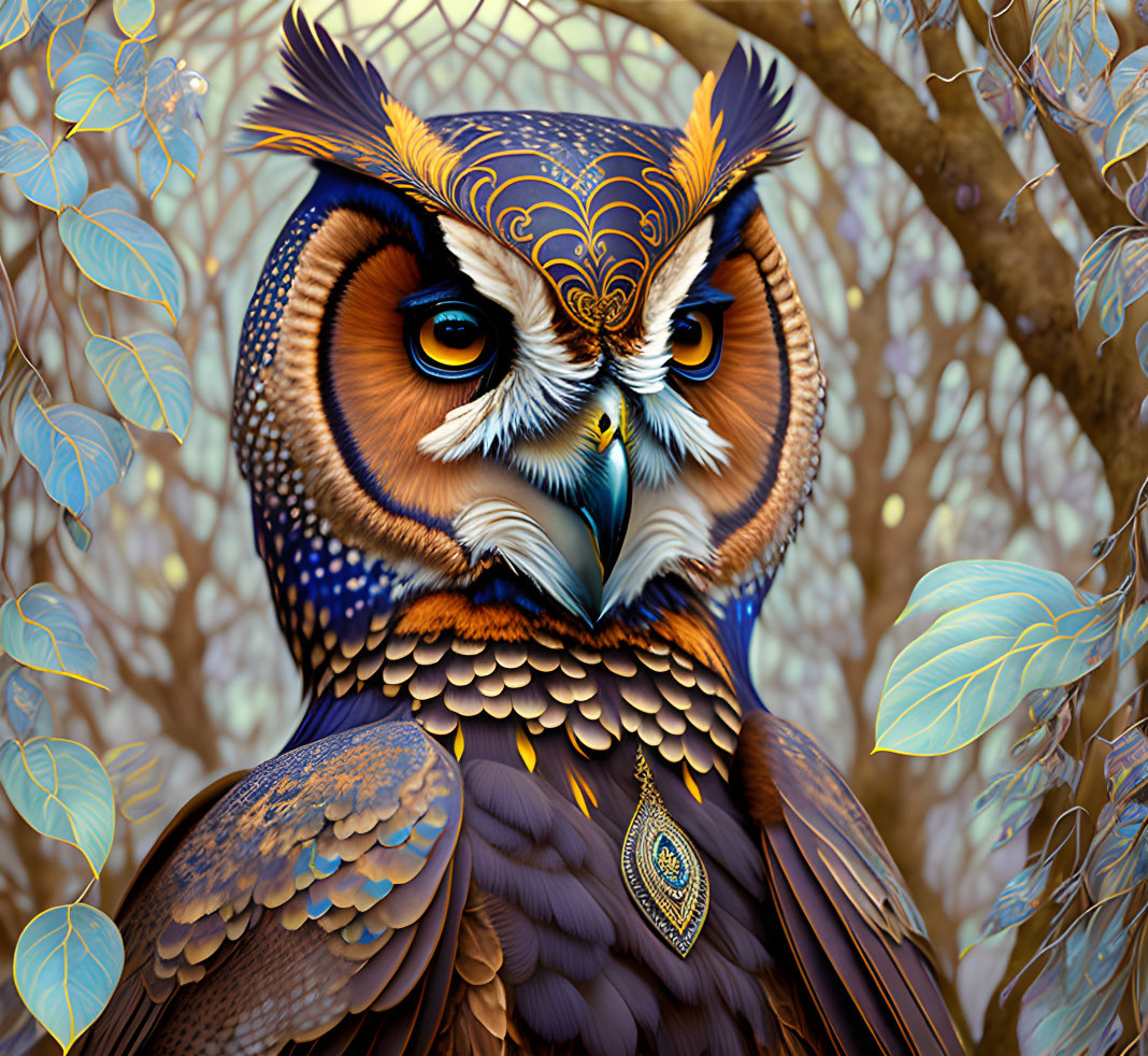 Detailed Owl Illustration with Ornate Feathers and Vibrant Colors