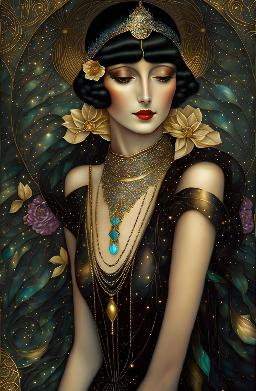 Art Deco style illustration of a bejeweled woman in elegant attire