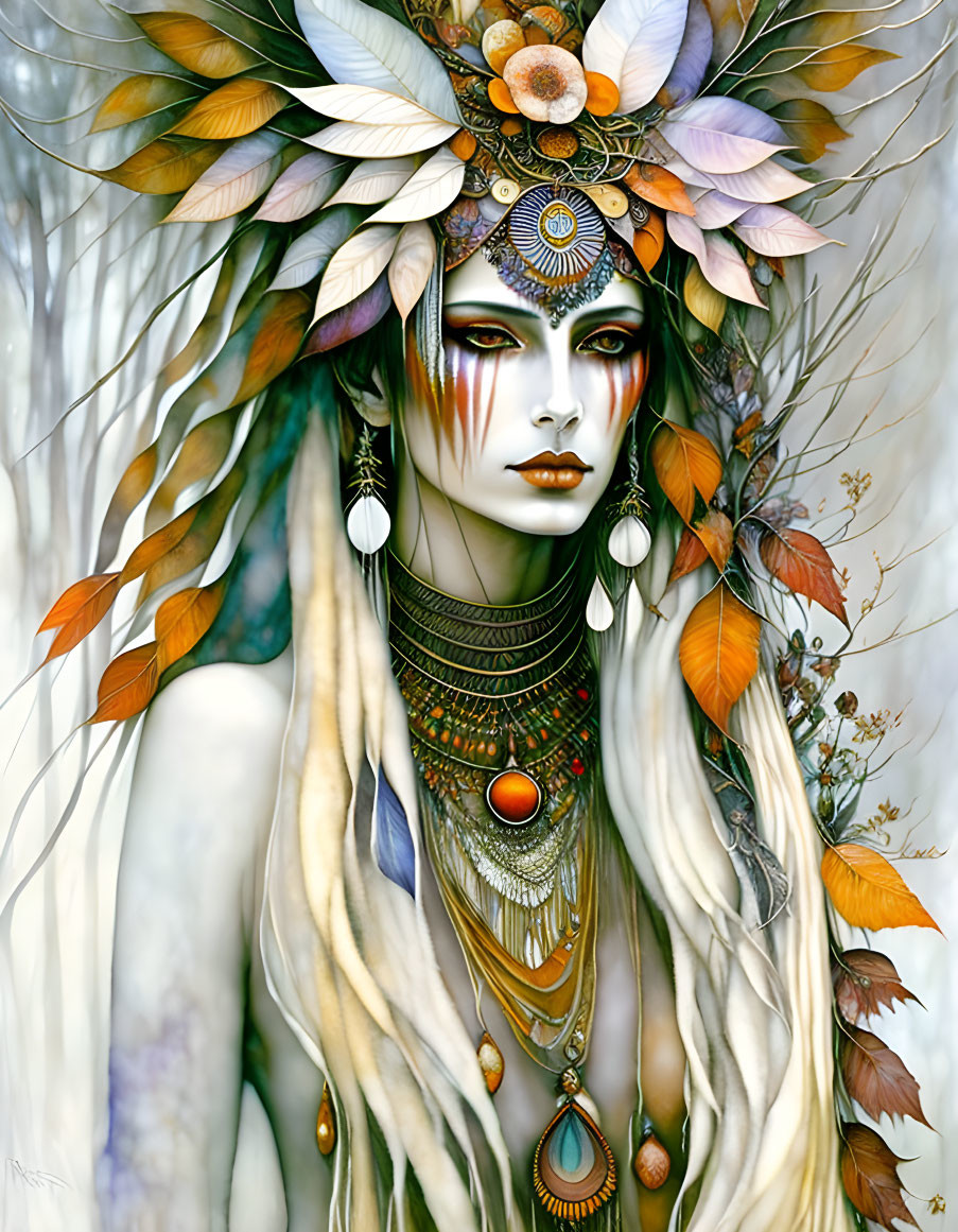 Fantasy portrait of woman with pale skin and elaborate feather headdress