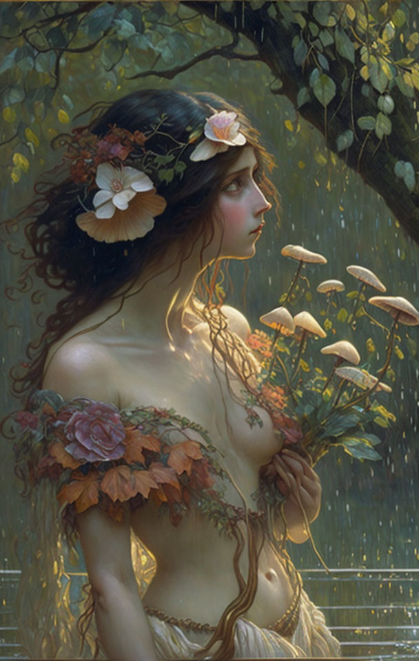 Woman with flowers in hair in forest setting with rain and mushrooms