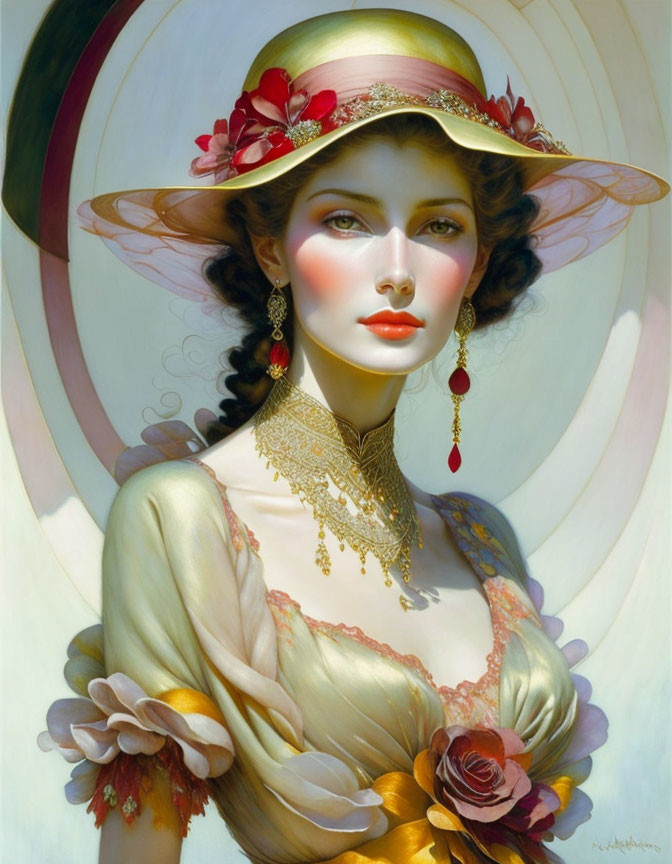 Portrait of a Woman with Red Flowers, Yellow Dress, Hat, and Gold Jewelry