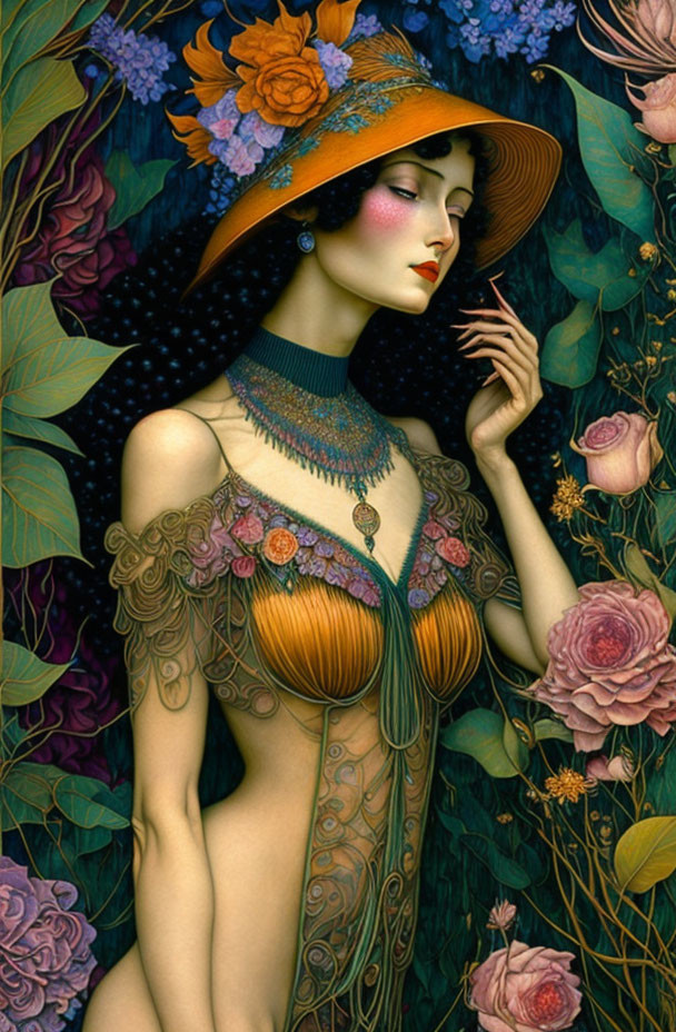 Illustrated Woman in Stylish Hat Surrounded by Floral Patterns