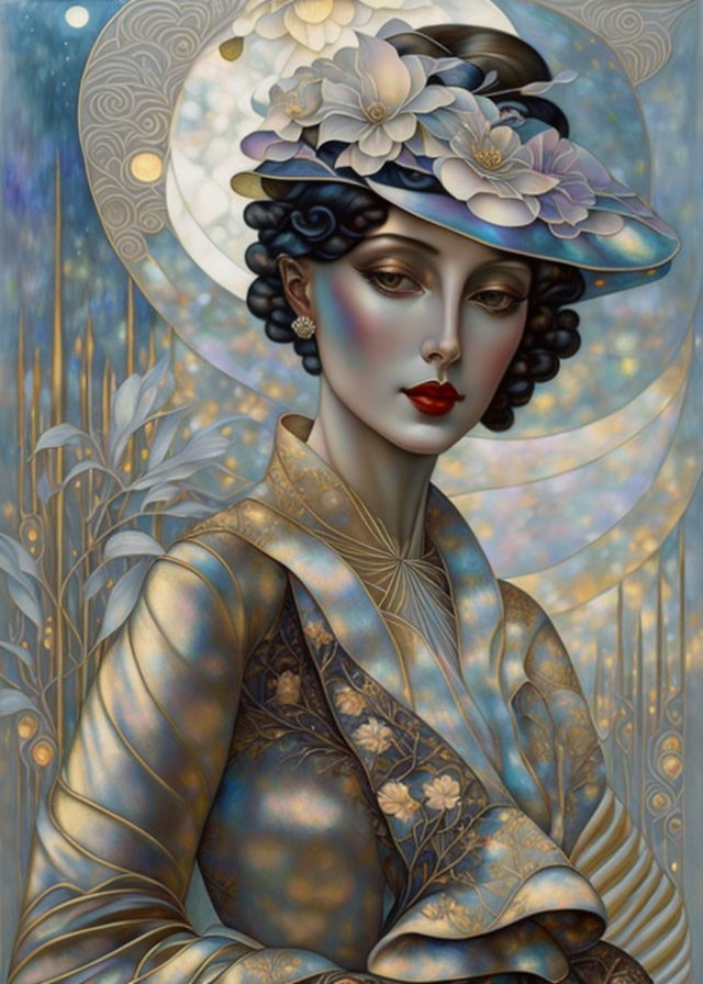 Art Nouveau Style Illustration of Woman with Stylized Hat and Floral Adornments