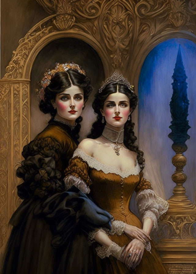 Victorian-style gowns and intricate hairstyles in classical painting.