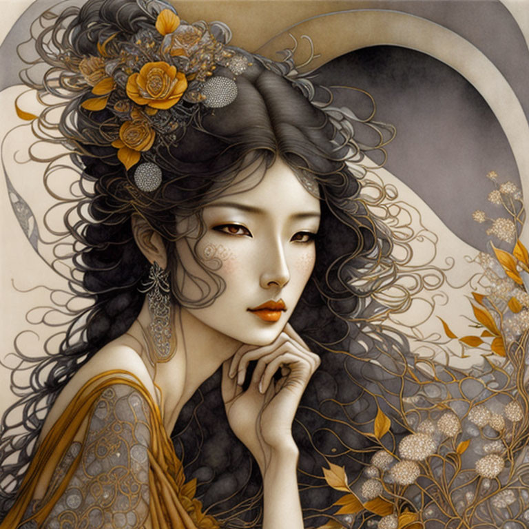 Intricate golden adorned woman with dark hair amidst floral elements