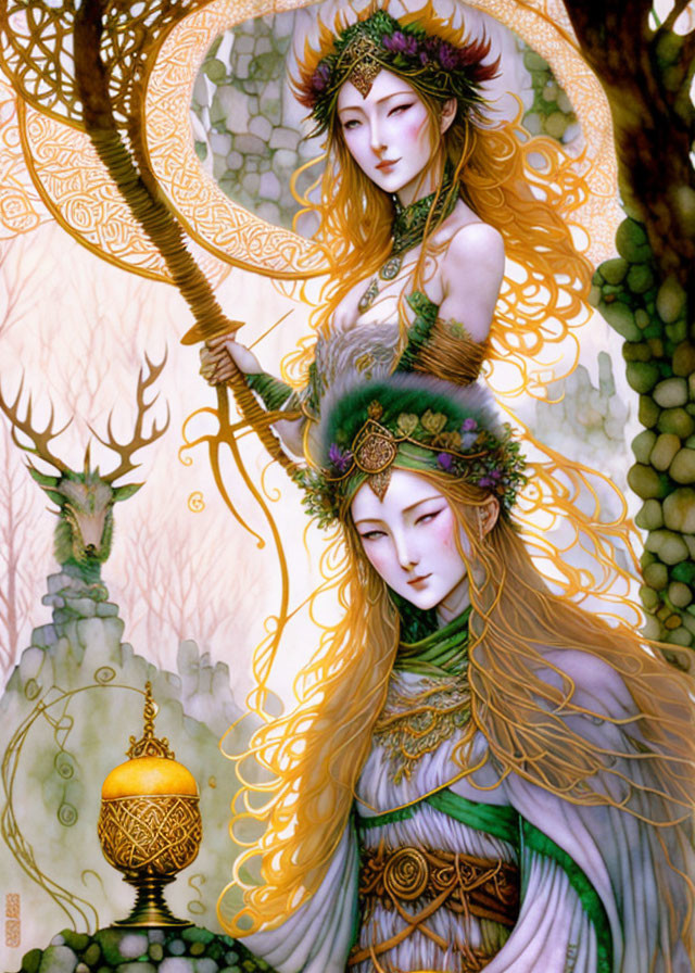 Ethereal figures with antlered headdresses in Celtic-themed illustration