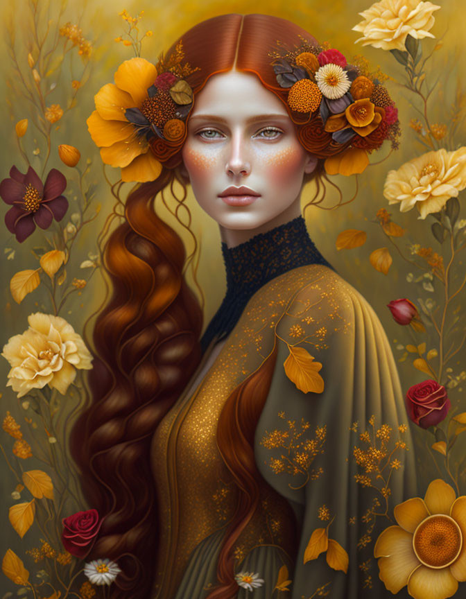 Woman with Auburn Hair and Autumn Flowers on Golden Floral Background