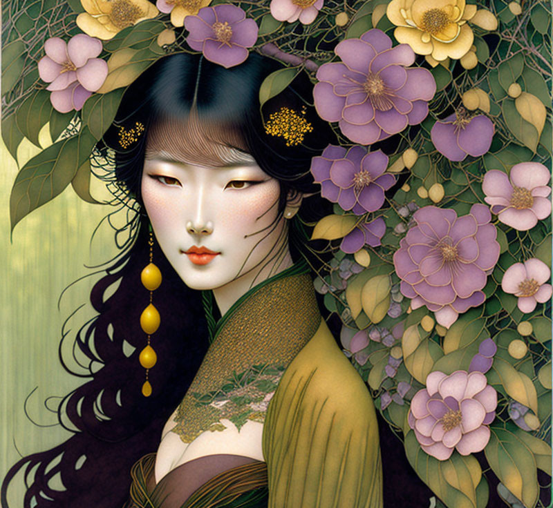 Traditional East Asian woman illustration with gold accessories and blooming flowers.