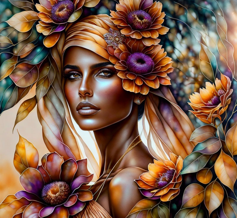 Detailed illustration of woman with floral hair and intense gaze against leafy backdrop