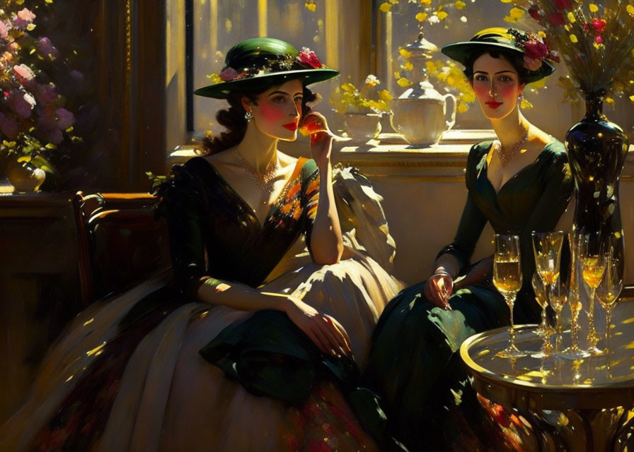 Elegantly dressed women in hats at sunlit table with champagne