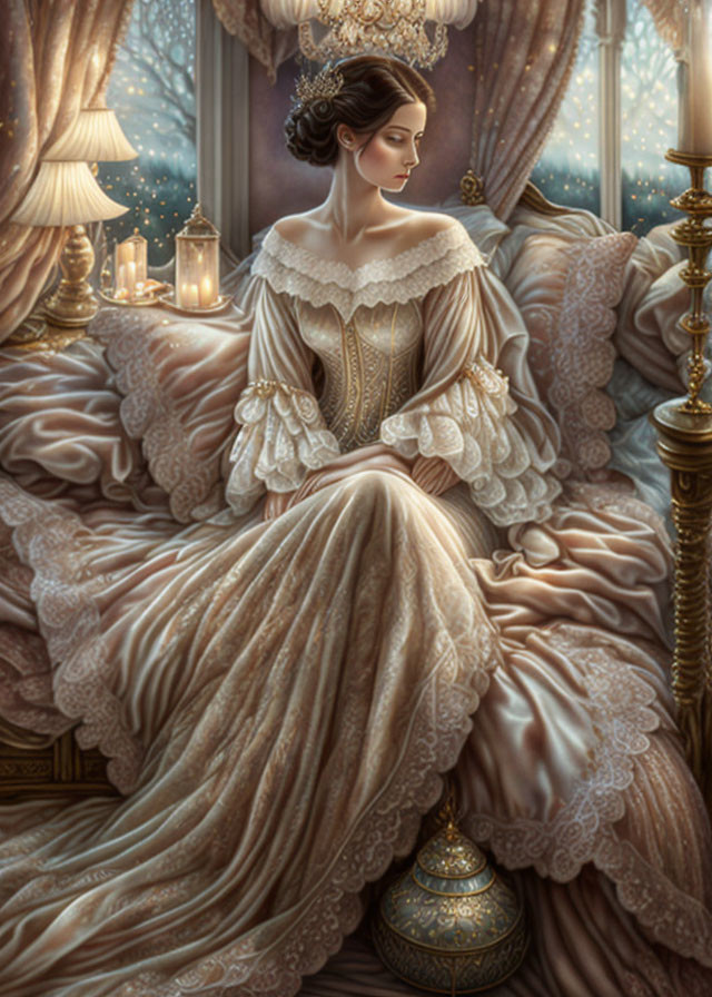 Detailed Golden Period Dress Woman Sitting on Lavish Bed