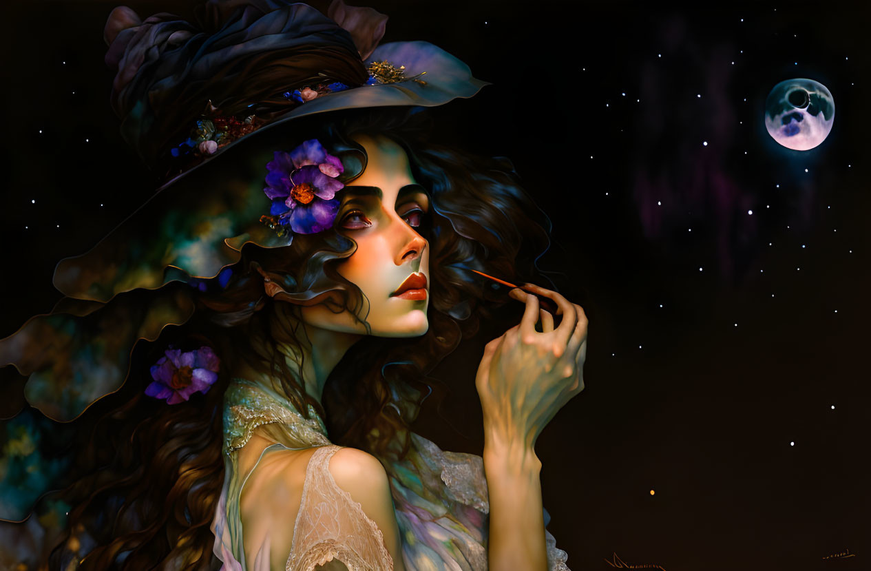 Woman with wavy hair in floral hat gazes under moonlit sky