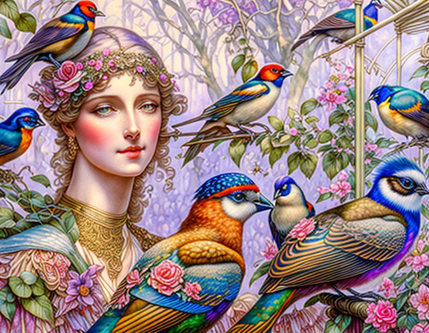 Colorful painting of woman with floral headpiece and ornate birds in pastel setting