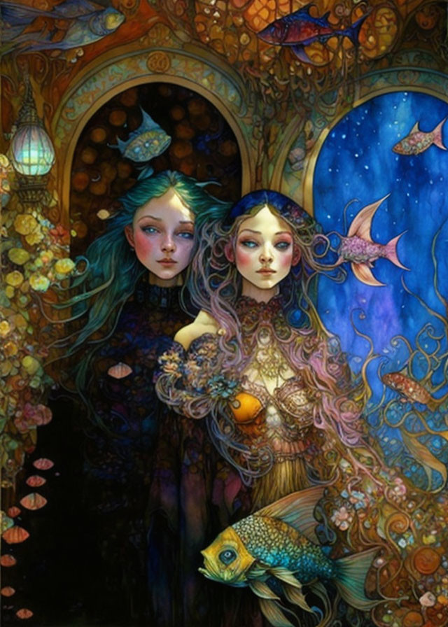 Ethereal women with aquatic elements and ocean-themed attire among fish in a starry underwater scene