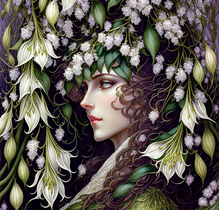 Detailed illustration of woman with green leaves and white flowers in flowing hair