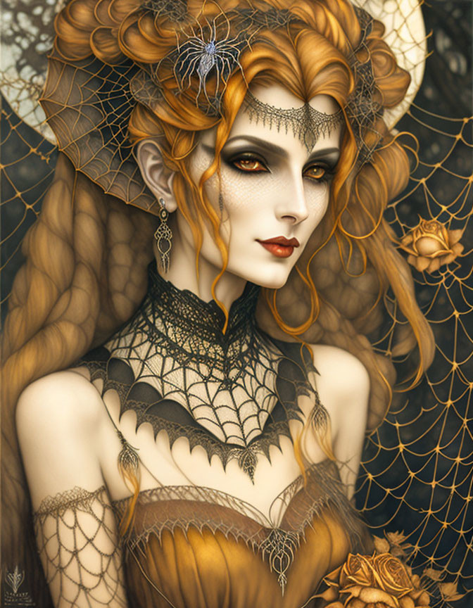 Digital Artwork: Woman in Golden and Black Hues with Lace Details