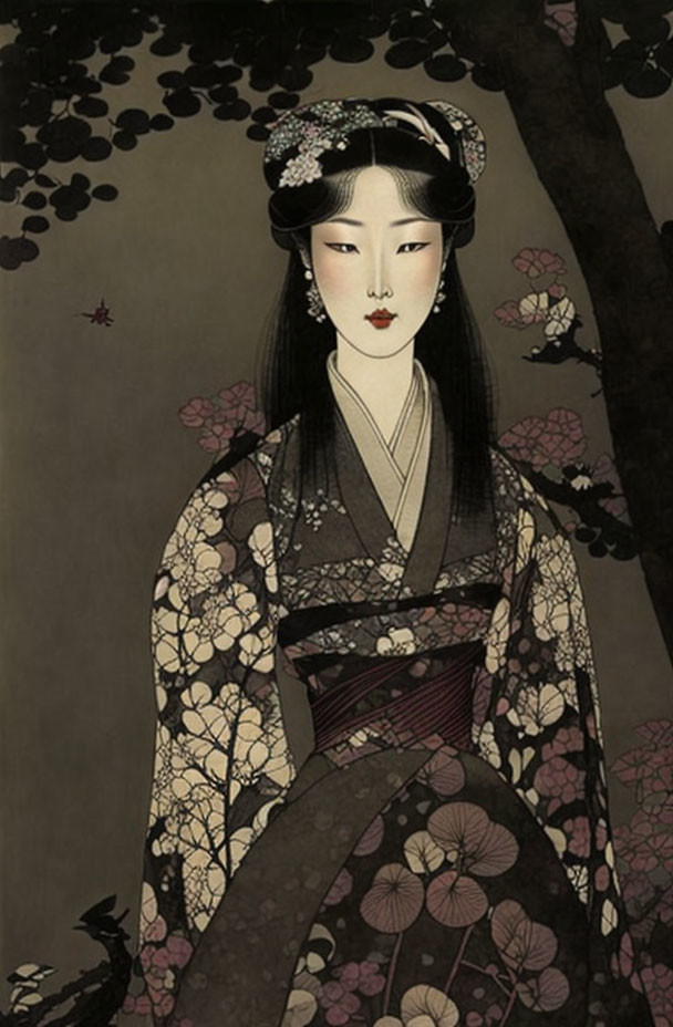 Traditional Japanese woman in kimono under dark blossom tree