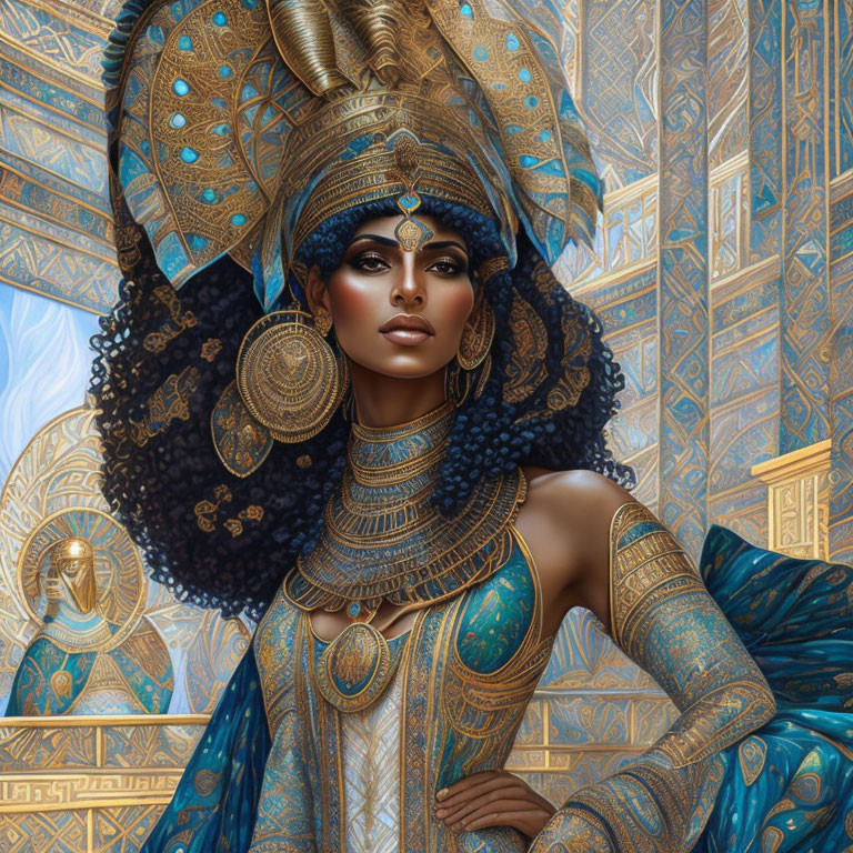 Regal woman with golden headpiece in blue attire against Egyptian hieroglyphic backdrop