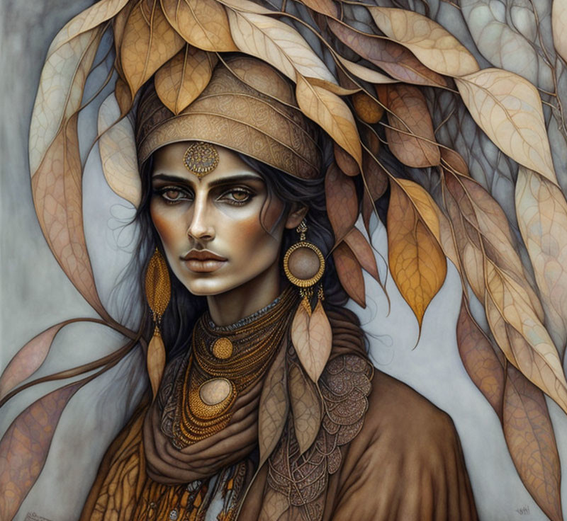 Detailed illustration of woman with gold jewelry and leaf motifs in warm tones