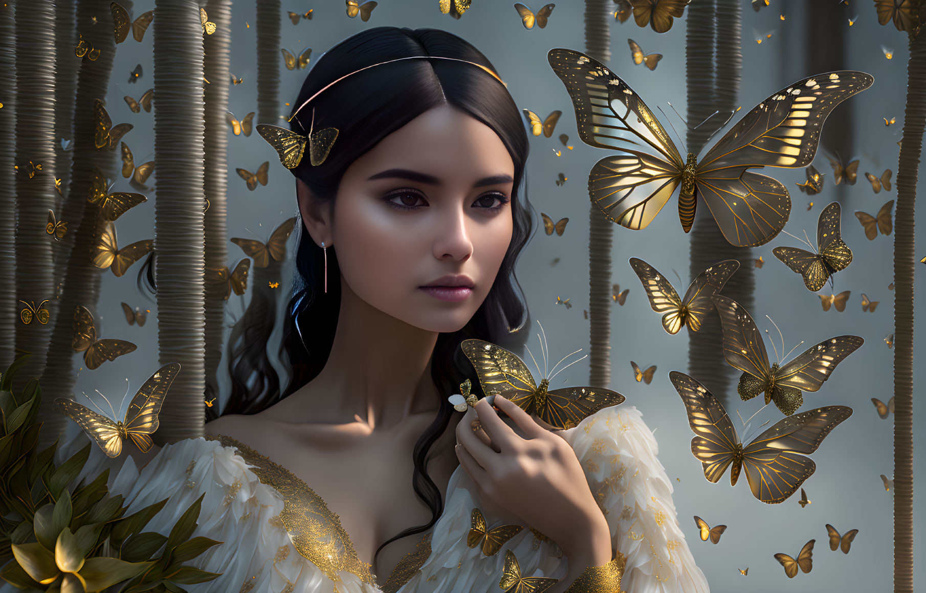 Dark-haired woman with golden butterflies in a gray column and foliage setting